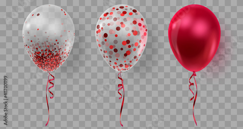 Set of three realistic ballons, red, transparent with confetti, paper circles and ribbons. Vector illustration for card, party, design, flyer, poster, decor, banner, web, advertising. 