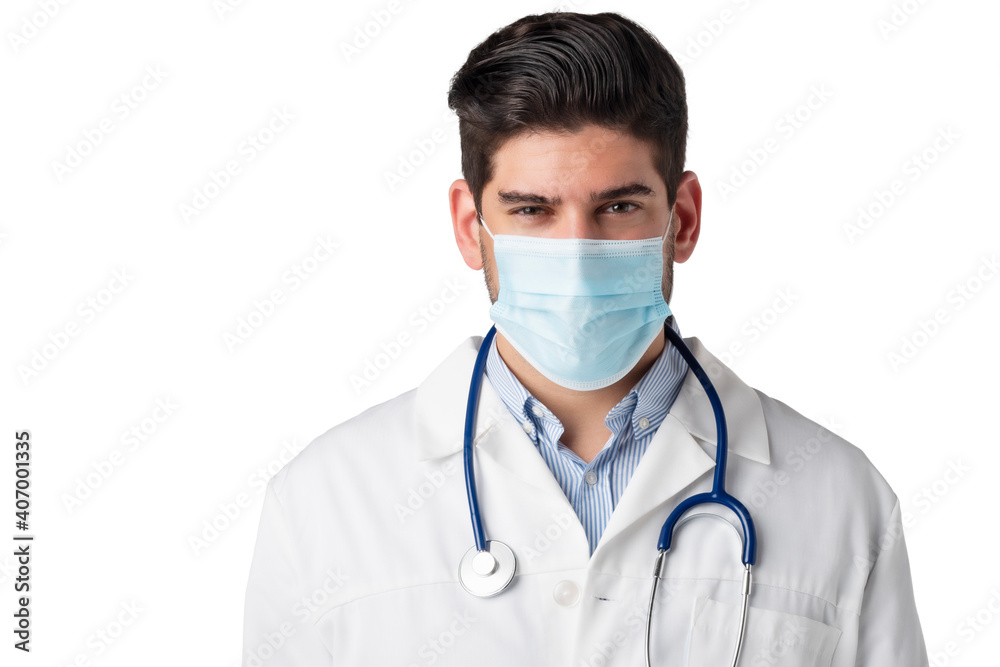Studio portrait of male doctor wearing surgical mask while standing at isolated white background Studio portrait of male doctor wearing surgical mask while standing at isolated white background