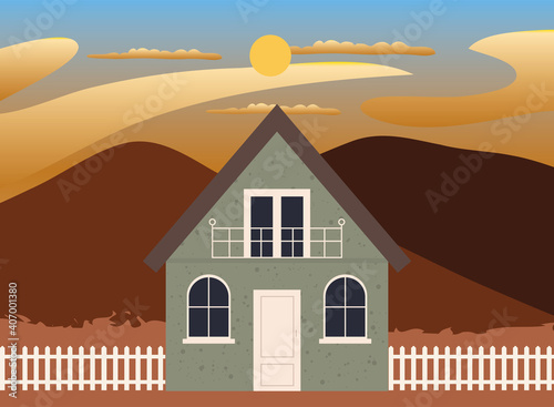 green house with fence at sunset landscape vector design