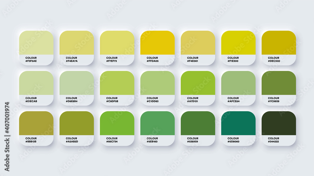 Vettoriale Stock Pantone Color Guide Palette Catalog Samples Yellow and  Green in RGB HEX. Neomorphism Vector | Adobe Stock