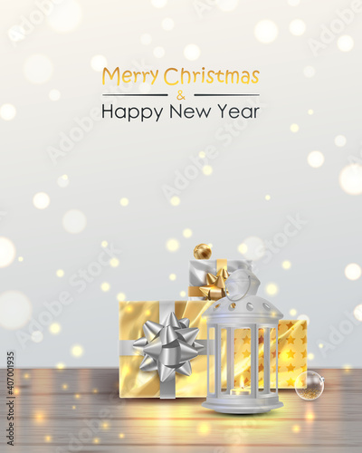 Poster with white latern, lamp with candle, tea light, bokeh and silver, golden gifts, lettering Merry Christmas and Happy New Year. Holiday vector illustration for card, flyer, advertising, partyes.