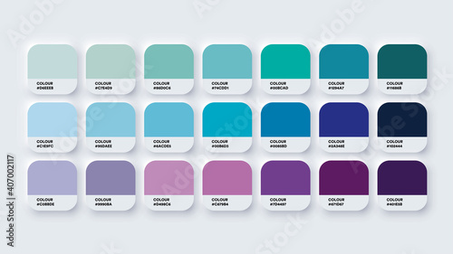 Pantone Color Guide Palette Catalog Samples Blue and Purple in RGB HEX. Neomorphism Vector