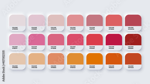 Pantone Colour Palette Catalog Samples Red and Orange in RGB HEX. Neomorphism Vector