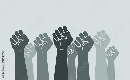 Multiracial human hands and fists raised in the air - symbol of solidarity, protest, diversity and inclusion. Greyscale vector illustration of people protesting.