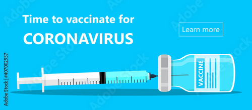 Coronavirus vaccination concept vector. Covid-19 vaccine bottle and syringe injection tool illustration in flat style. Immunization treatment banner
