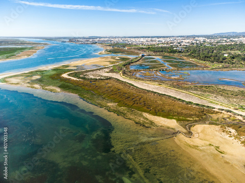 Aerial view of Ria Formosa Natural Park and Olhao, Algarve, Portugal © malajscy