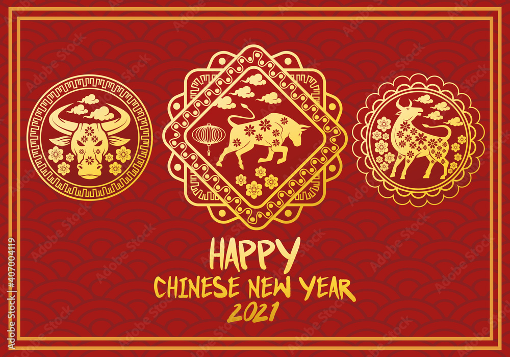 chinese new year 2021 lettering card with golden oxen in laces