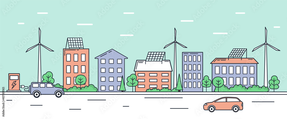 Eco friendly urban landscape with modern technologies. Cityscape architecture with solar panels on roof, windmills, and electric charging station for transport. Cartoon line art vector illustration.