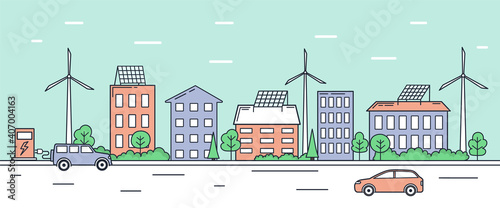 Eco friendly urban landscape with modern technologies. Cityscape architecture with solar panels on roof, windmills, and electric charging station for transport. Cartoon line art vector illustration.