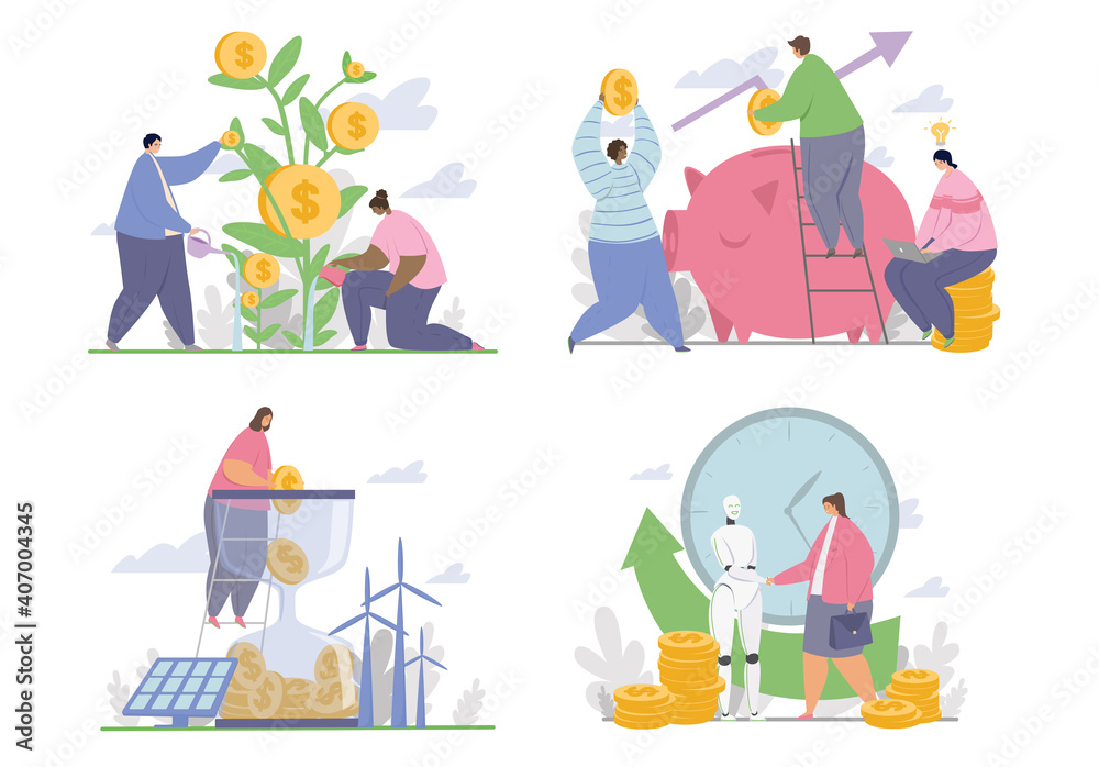 Abstract concept of saving and investing money. Set of illustration with fictional characters. Flat cartoon vector illustration