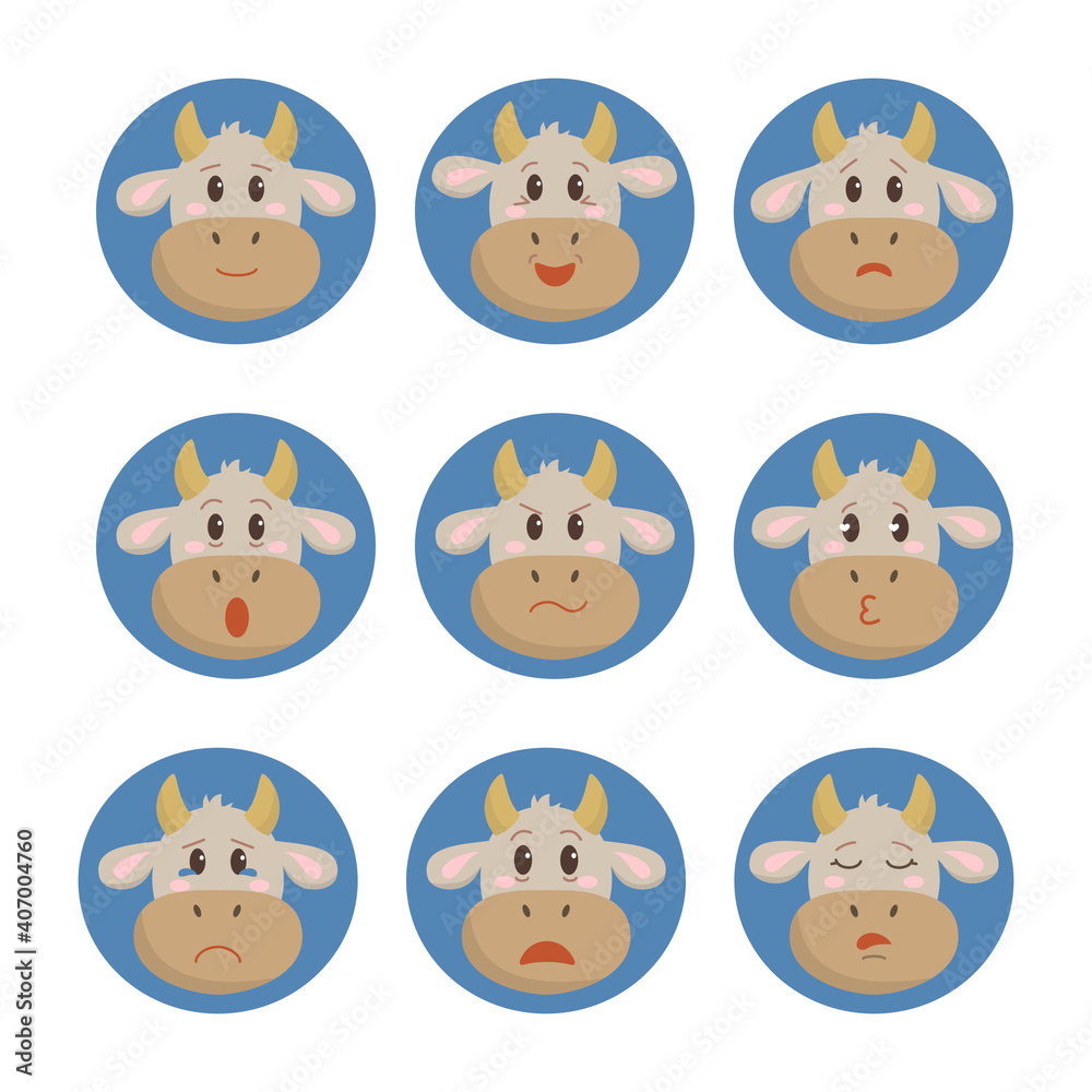 Cartoon emotion set of Character Cow face.