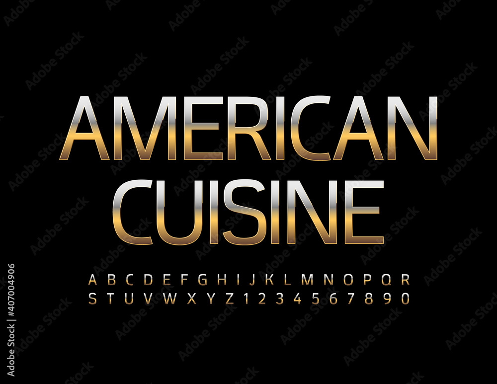 Vector elite emblem American Cuisine. Metal Luxury Font. Gold Alphabet Letters and Numbers set Vector elite emblem American Cuisine. Metal Luxury Font. Gold Alphabet Letters and Numbers set