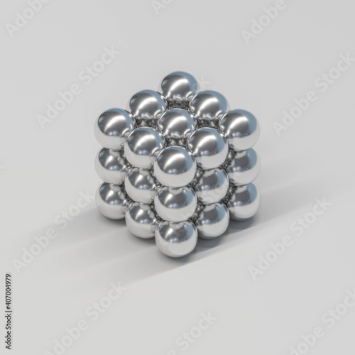 cube made of steel chrome balls on white background 3d render illustration
