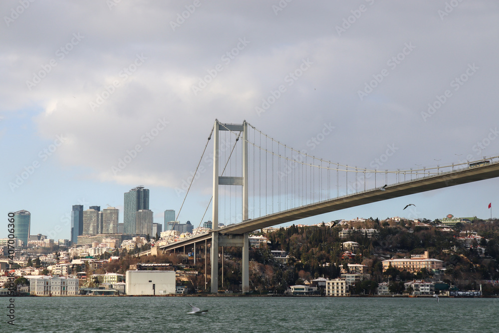 The Bosphorus Bridge,  thus connecting Europe and Asia (alongside Fatih Sultan Mehmet Bridge and Yavuz Sultan Selim Bridge). The bridge extends between Ortaköy (in Europe) and Beylerbeyi (in Asia).