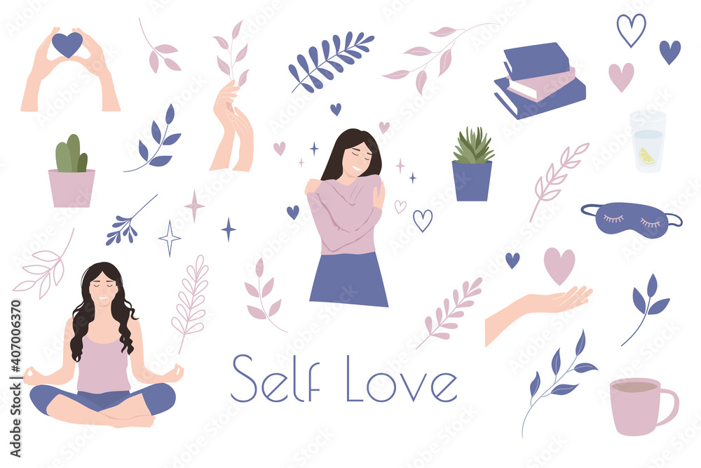 Self Love set vector illustration. Self care clipart collection Stock