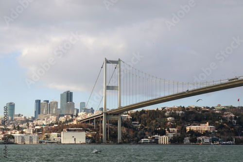 The Bosphorus Bridge, thus connecting Europe and Asia (alongside Fatih Sultan Mehmet Bridge and Yavuz Sultan Selim Bridge). The bridge extends between Ortaköy (in Europe) and Beylerbeyi (in Asia).