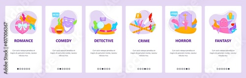 Film genres. Romance  comedy  detective  crime  horror  fantasy. Mobile app screens  vector website banner template.