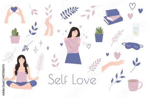 Self Love set vector illustration. Self care clipart collection