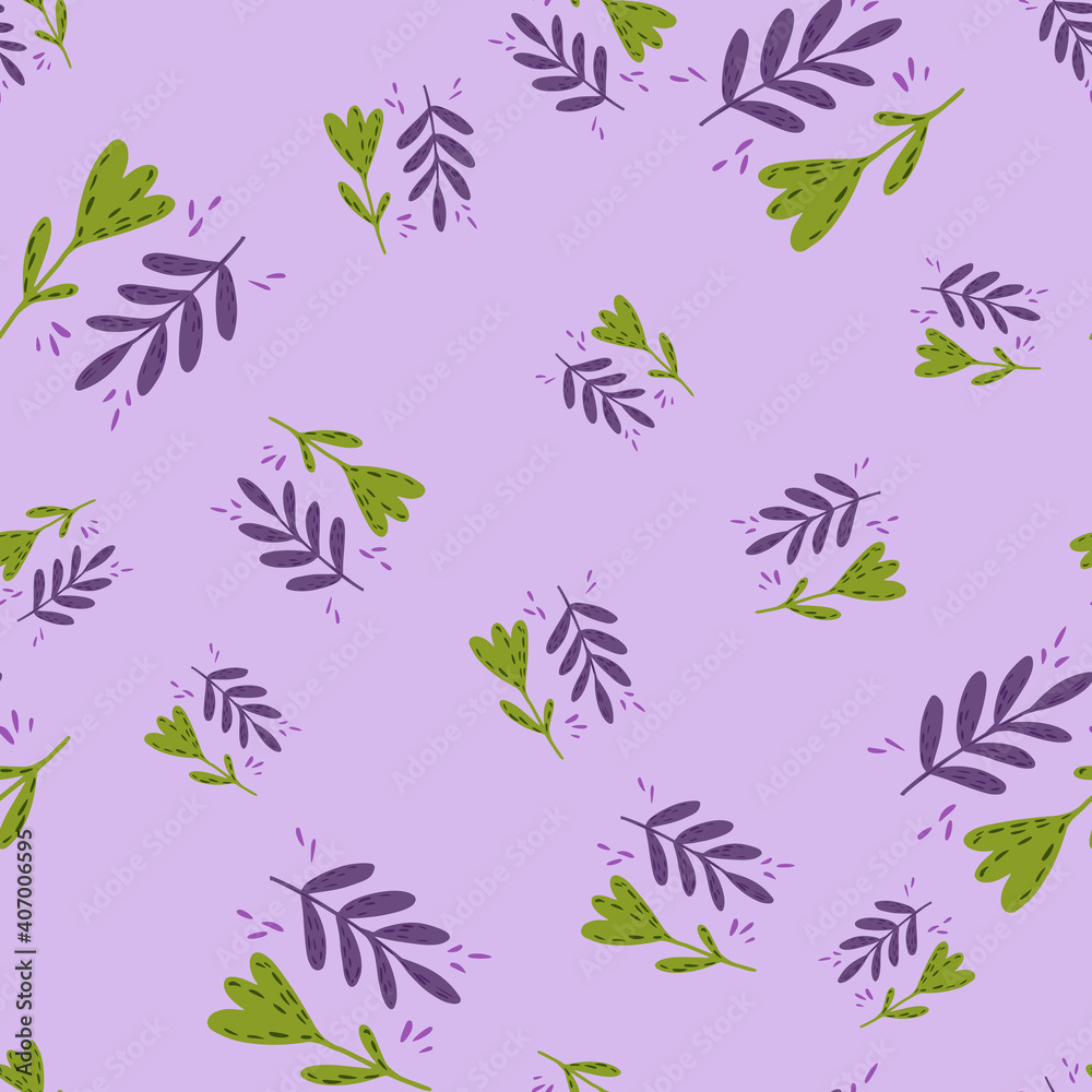 Seamless random pattern with cartoon leaves and flowers. Light purple background.