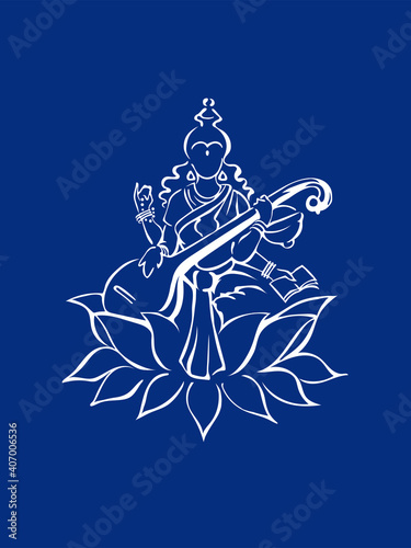 Saraswati, Hindu goddess of knowledge, sitting on lotus flower and playing veena instrument, outline symbol, hand drawn ink sketch. Prints, decoration, Vasant Panchami, Saraswati Jayanti festival photo