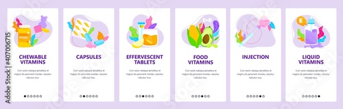 Chewable, liquid, food vitamins, capsules, tablets, injection. Mobile app screens, vector website banner template.