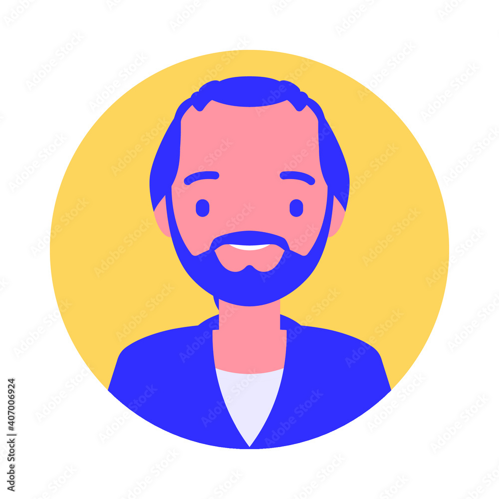 Flat style round people avatar icon set, yellow purple human face circle icon for person in web page, flyer, digital game, presentation video, account forum, user vector cartoon illustration isolated 