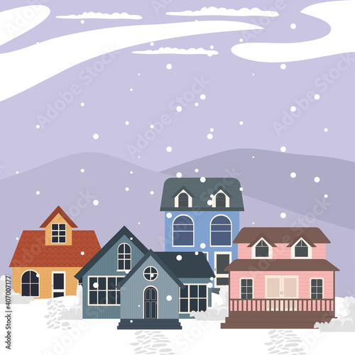houses at winter landscape vector design