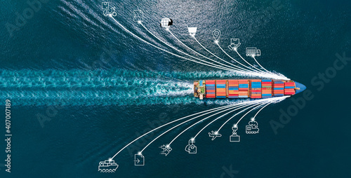 Aerial top view of cargo ship with contrail and smart icons on the ocean sea , ship carrying container export from container international port freight shipping by ship service, webinar banner photo