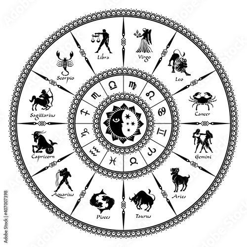 Round black horoscope on a white background.Circle with signs of zodiac.Vector