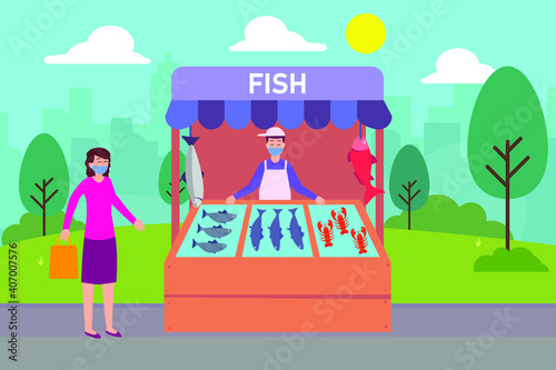 Fish stall 2D flat vector concept for banner, website, illustration, landing page, flyer, etc