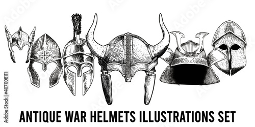 set of illustrations of ancient war helmets.