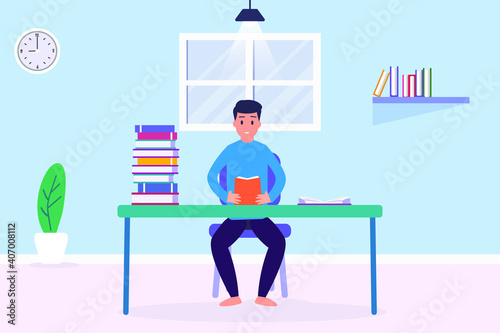 Young man study 2D flat vector concept for banner, website, illustration, landing page, flyer, etc