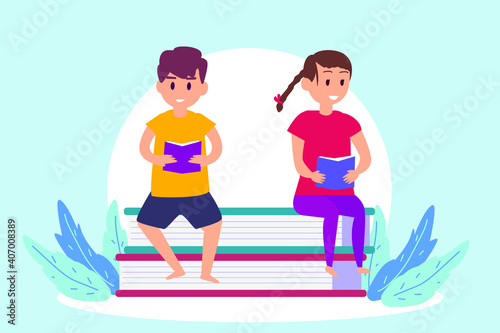 Siblings reading a book 2D flat vector concept for banner, website, illustration, landing page, flyer, etc