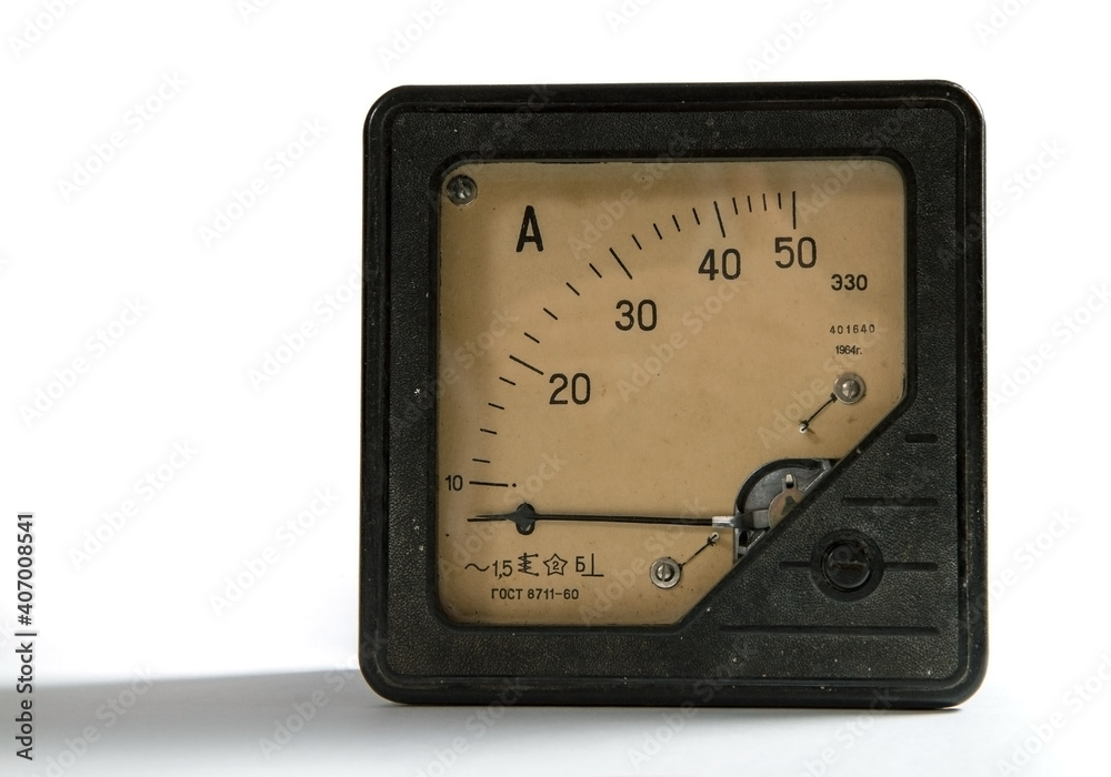 1964 50 amp ammeter. Old ammeter made in the USSR on a white background. 1964 50 amp ammeter. Old ammeter made in the USSR on a white background.