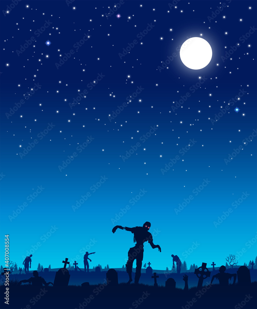 Zombie apocalypse in the background of the cemetery. Silhouettes of scary zombies walking through the cemetery. Starry sky. Vector illustration for halloween. Zombie apocalypse in the background of the cemetery. Silhouettes of scary zombies walking through the cemetery. Starry sky. Vector illustration for halloween.