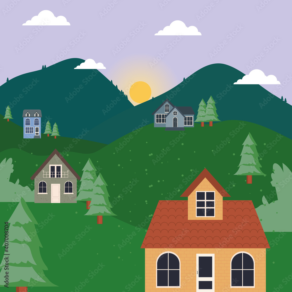 houses at pine trees landscape vector design