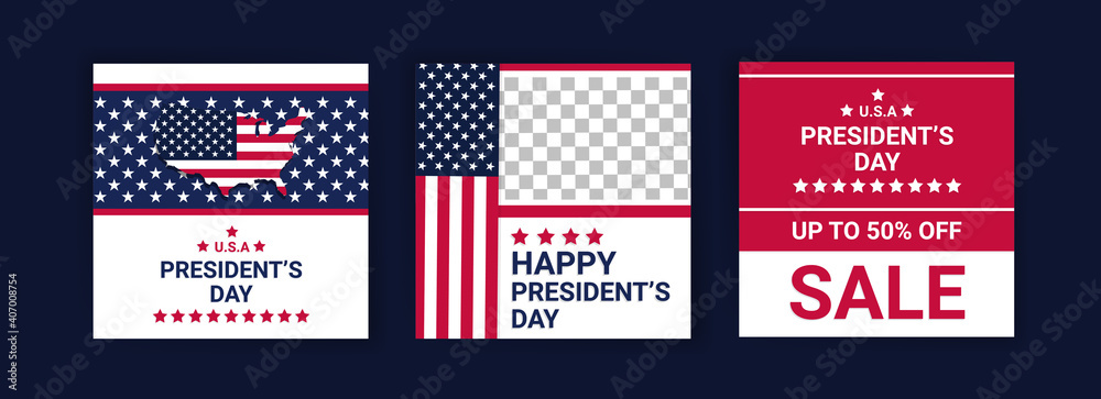 US President's Day greeting card displayed with the national flag of the United States of America. Social media templates for US president's day.