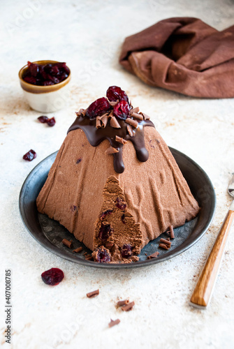 traditional Easter dessert, cottage cheese chocolate dessert with chocolate and cranberry topping