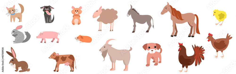Obraz premium Set of happy funny pets or farm pets in flat style. Cat, dog, sheep, cow, pig, rabbit, chinchilla, hamster, chicken, rooster, donkey, horse, goat. Vector illustration isolated on a white background.