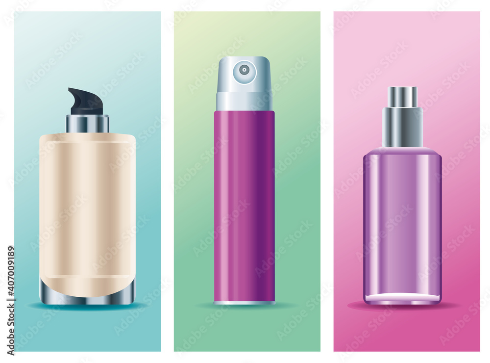 set of three skin care spray bottles products icons