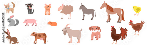 Set of happy funny pets or farm pets in flat style. Cat, dog, sheep, cow, pig, rabbit, chinchilla, hamster, chicken, rooster, donkey, horse, goat. Vector illustration isolated on a white background.