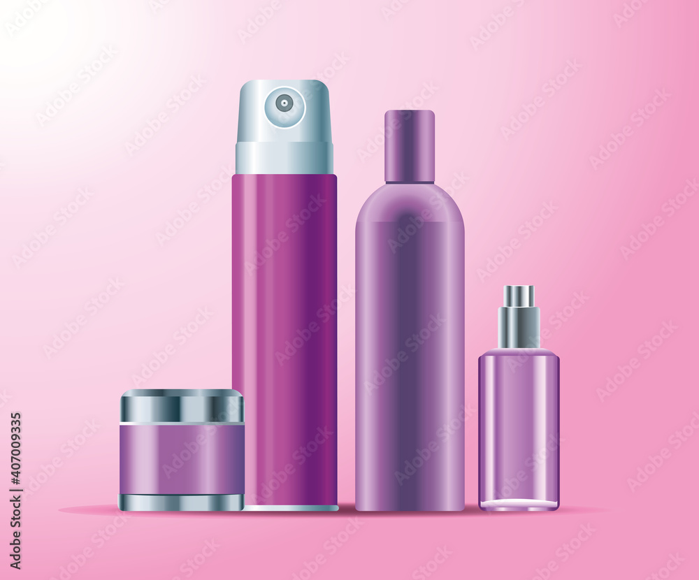 set of four skin care bottles purple color products icons set of four skin care bottles purple color products icons