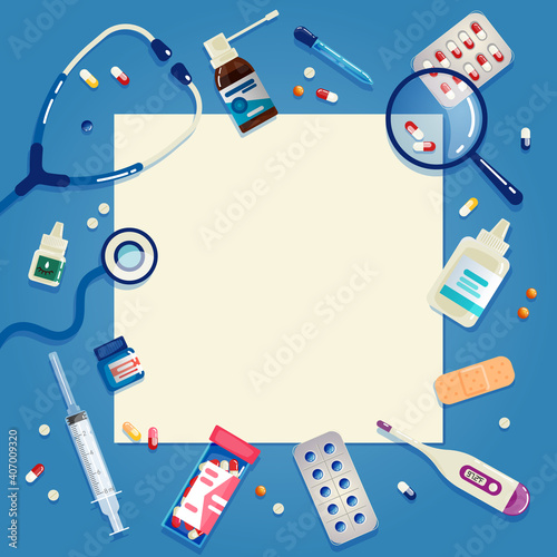 Medical Information Template with Blank Text Space. Blue Frame with the Image of Medicines. Vector Illustration in Flat Cartoon Style.