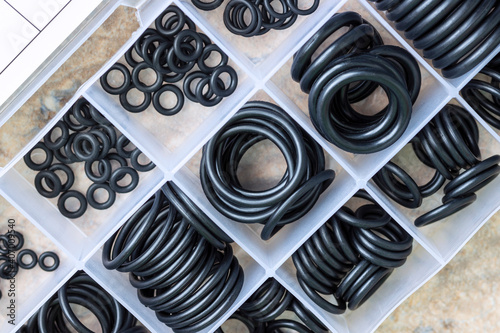 A set of rubber sealing gaskets. Rubber rings for creating tight connections in the automotive, marine and aviation industries.