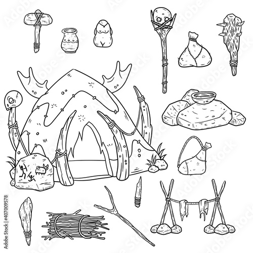 Set of primitive man's items. Hut made of skins and bones, hunting club, stone hammer, shaman staff. Cooking raw meat. Drawn Sketch cartoon illustration