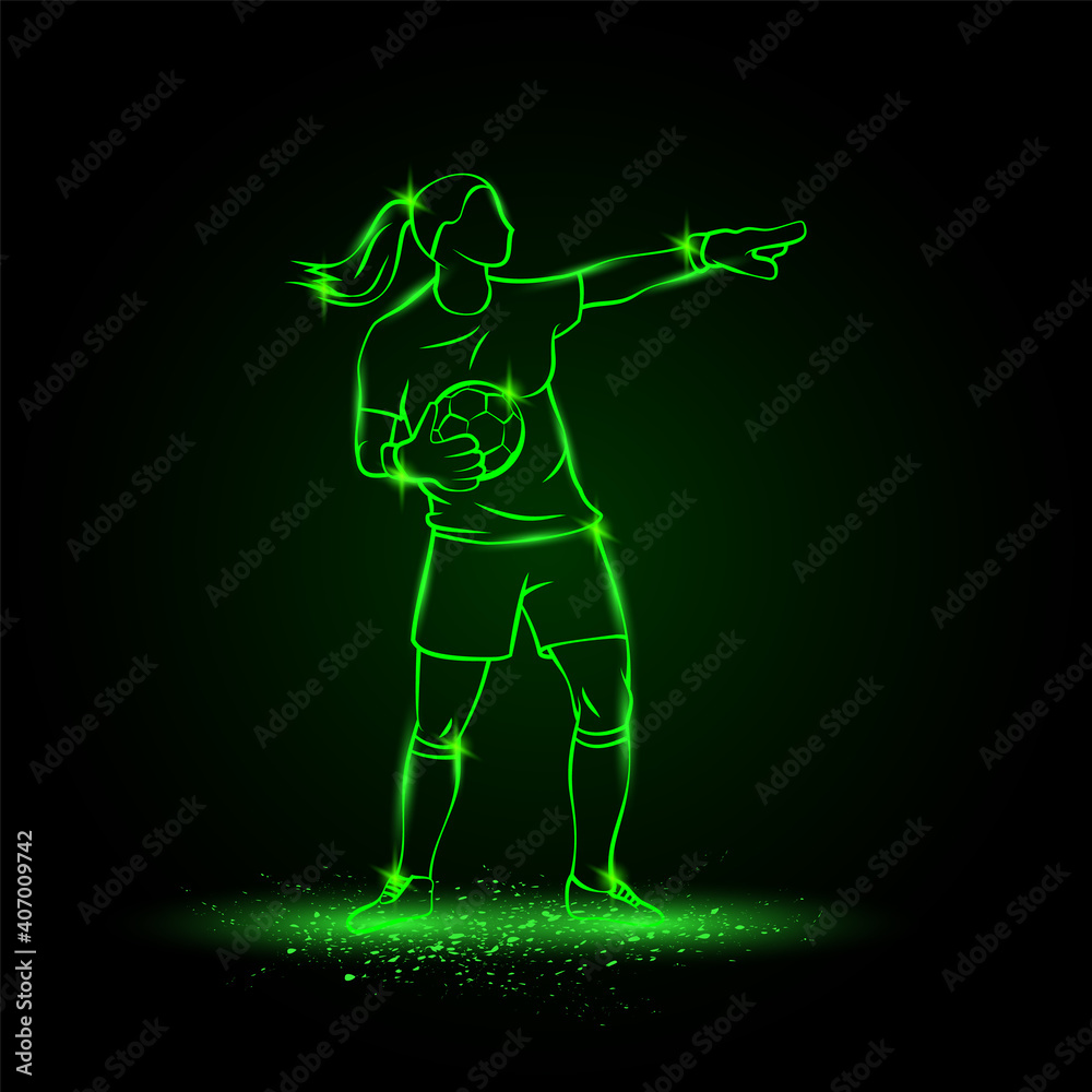 Fototapeta premium Girl goalkeeper stands with ball and points to the field. Vector women soccer player illustration with green linear and neon effect.