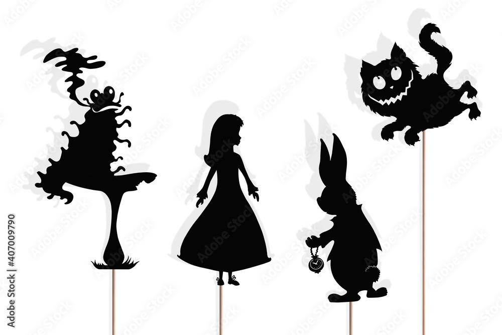Alice Puppet Alice in Wonderland storytelling, isolated shadow puppets. Stock ...