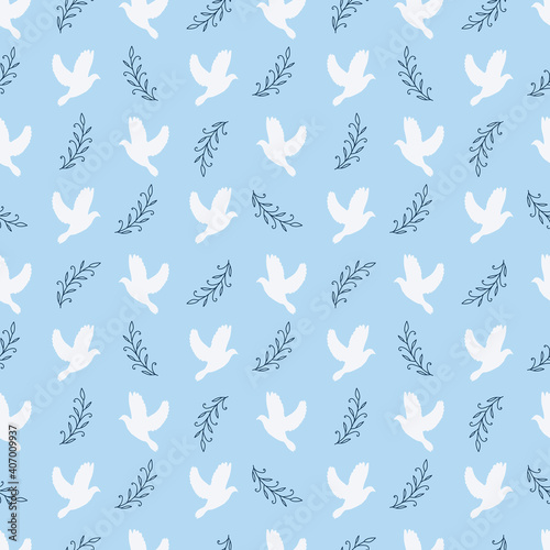 Seamless vector holiday pattern with the white dove of Peace and branch on a light blue background