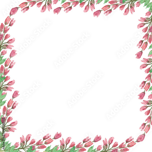Watercolor hand painted nature herbal squared border frame with pink blossom heather flowers on green branches bouquet on the white background for invitation and greeting card design