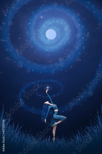 Dreamy Illustration of female dancer posing with moon